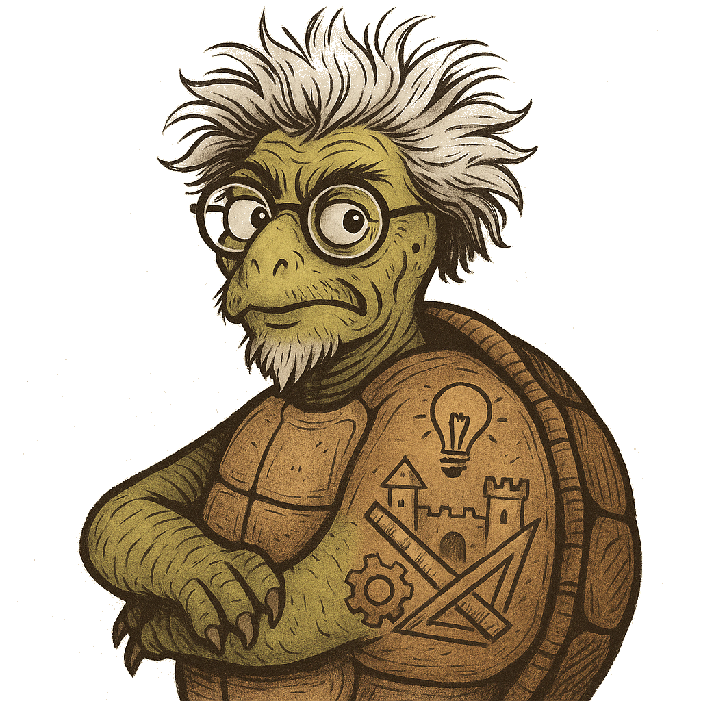 A hand-drawn cranky old turtle inventor, arms crossed, wearing round glasses, with a shell tattooed with a lightbulb, a blueprint castle, and a gear.
